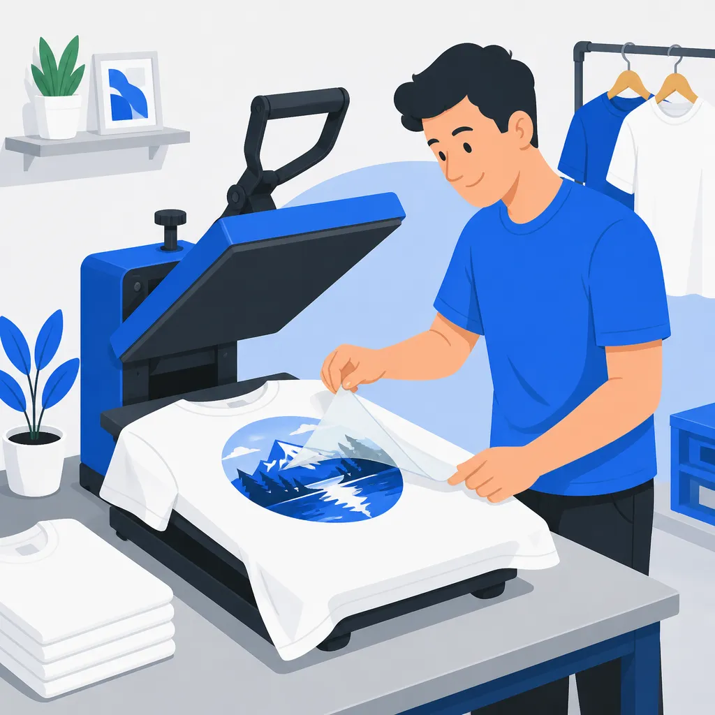 Hình ủi nhiệt được ép lên áo trơn bằng máy ép nhiệt