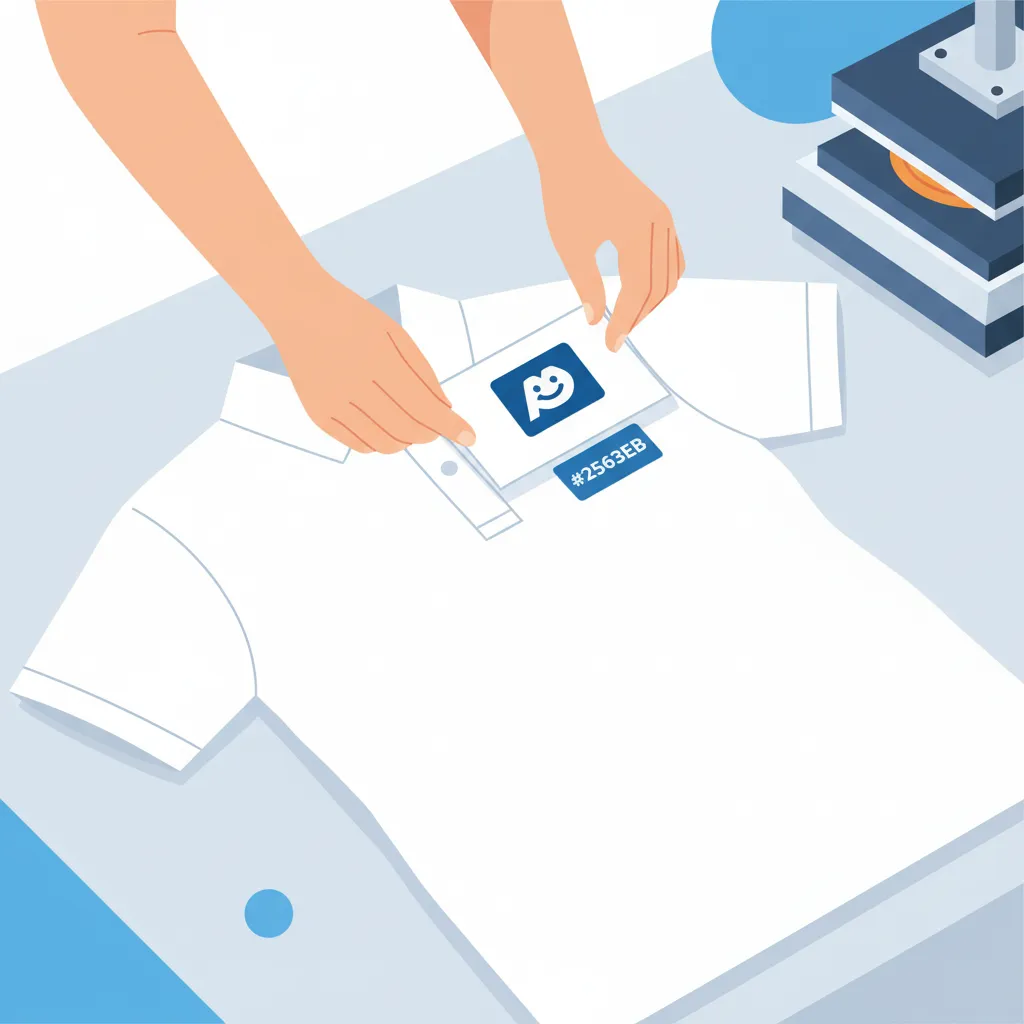Đôi tay cẩn thận đặt miếng in logo công ty chuyển nhiệt đã in sẵn lên áo polo trắng trơn trước khi ủi, trên bề mặt phẳng sạch sẽ, không chữ, không watermark