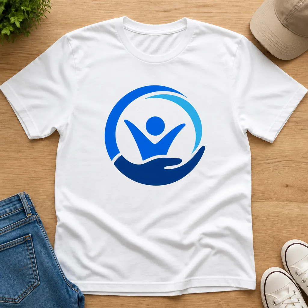 Áo trắng với hình in PET logo công ty dán lên tay áo
