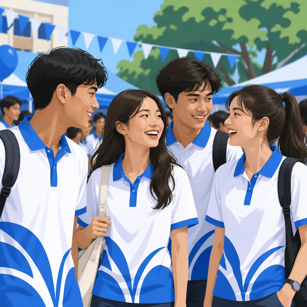 Nhóm học sinh mặc áo thun polo đồng phục gắn hình in chuyển nhiệt