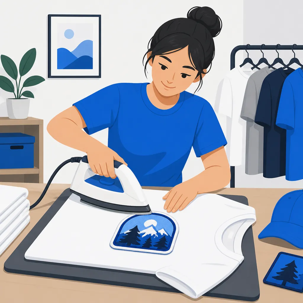 Người dùng bàn ủi hoặc máy ép dán hình in lên áo trơn