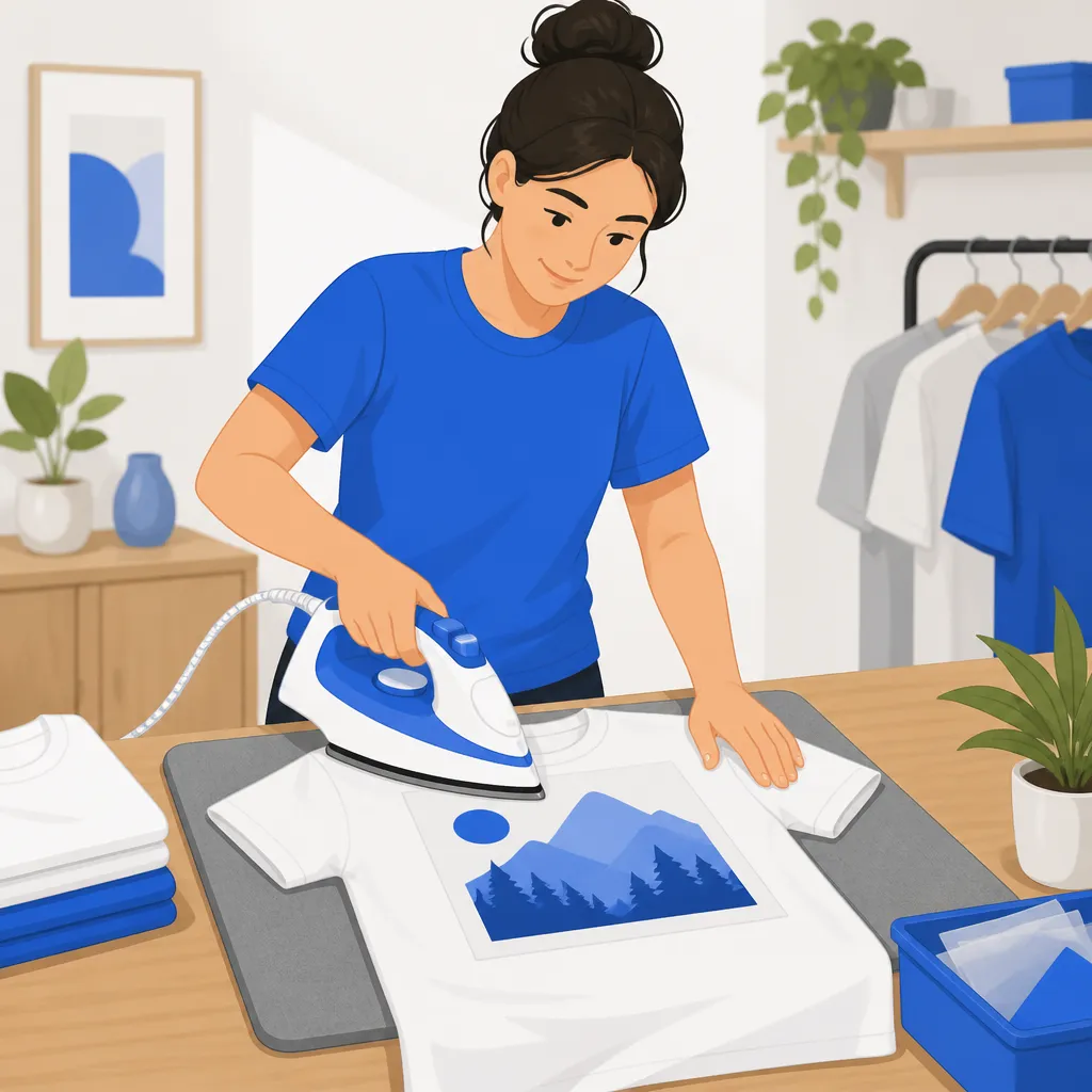 Người dùng bàn ủi dán hình in lên áo trơn tại nhà