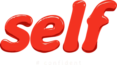Hình ảnh chữ 'self' màu đỏ bóng bẩy với hiệu ứng 3D, bên dưới là hashtag '# confident' màu trắng nhạt.