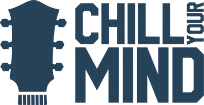 Hình in chữ 'CHILL YOUR MIND' màu xanh đậm bên cạnh biểu tượng đầu đàn guitar màu xanh đậm trên nền trắng.