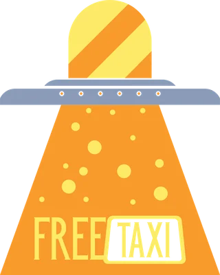 Hình minh họa đĩa bay UFO màu vàng cam phát chùm sáng có chữ Free Taxi
