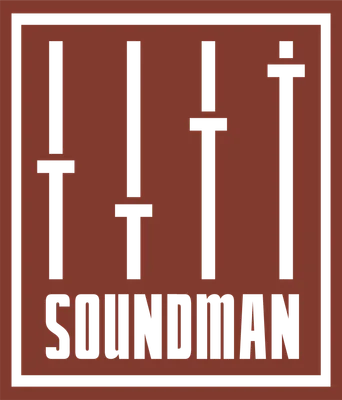 Biểu tượng bộ chỉnh âm thanh (equalizer) màu trắng trên nền nâu đỏ, với chữ SOUNDMAN và khung viền trắng.