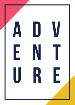Hình ảnh chữ ADVENTURE màu xanh đậm trong khung vuông viền xanh, góc trên trái màu hồng, góc dưới phải màu vàng.