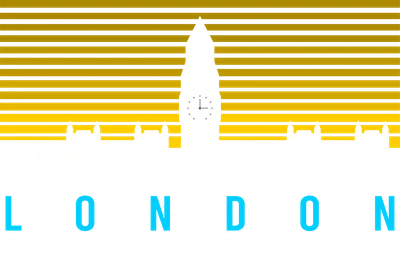 Hình ảnh Big Ben và đường chân trời London với nền sọc vàng, chữ LONDON màu xanh nổi bật, phong cách tối giản.