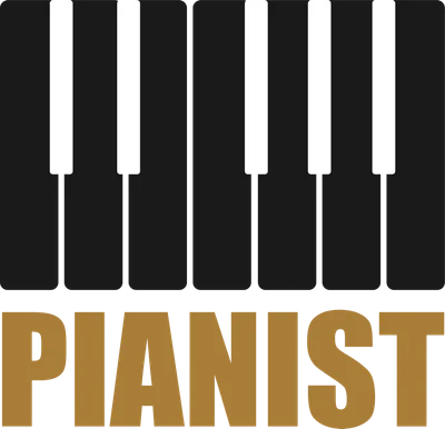Hình minh họa phím đàn piano màu đen trắng với chữ PIANIST màu nâu vàng bên dưới, phong cách tối giản.