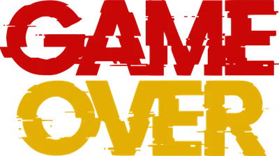 Hình ảnh chữ GAME OVER màu đỏ và vàng với hiệu ứng lỗi kỹ thuật (glitch effect) trên nền trong suốt.