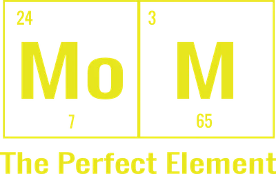 Hình in chữ Mo M và The Perfect Element màu vàng theo phong cách bảng tuần hoàn hóa học trên nền trắng.