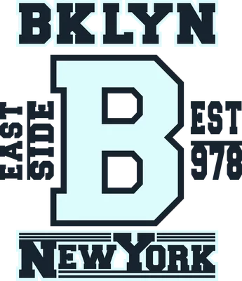 Hình in chữ B lớn phong cách varsity với dòng chữ BKLYN, EAST SIDE, EST 1978 và NEW YORK màu xanh đậm và xanh nhạt.