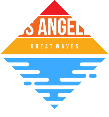 Hình ảnh đồ họa biểu tượng Los Angeles Great Waves với màu sắc đỏ, cam, vàng, xanh dương, phong cách retro.