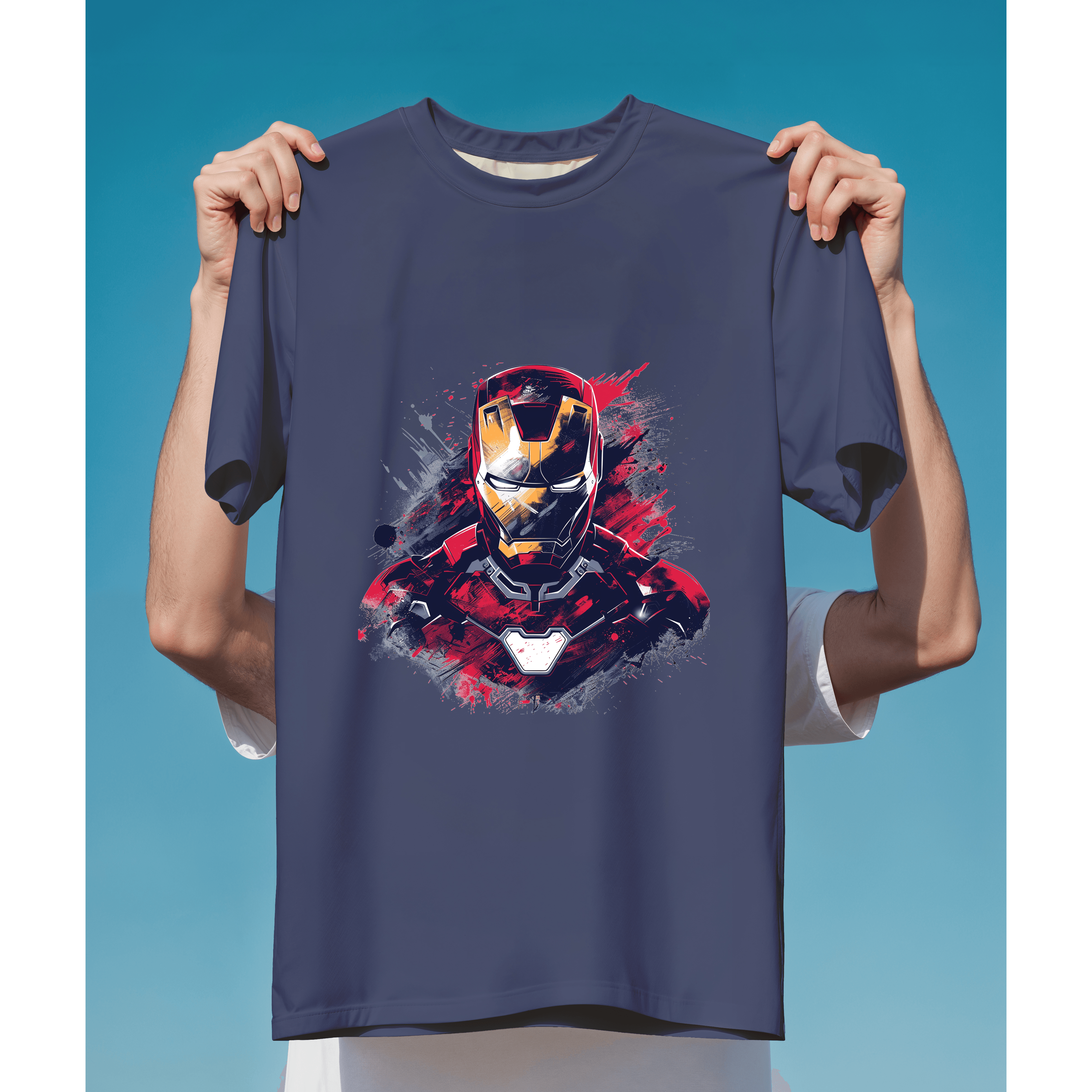 Iron Man phong cách splash art mạnh mẽ, màu đỏ vàng ấn tượng