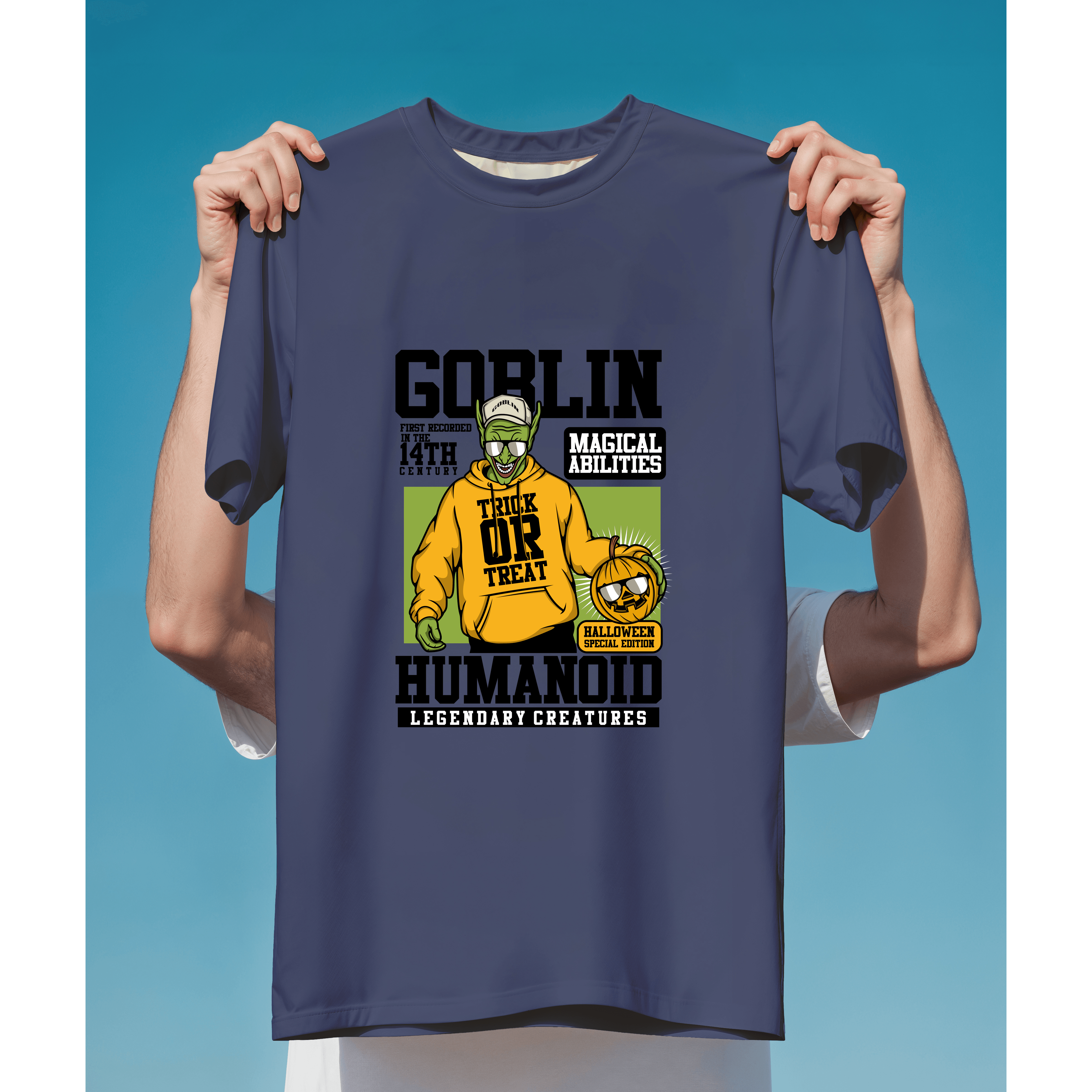 Yêu tinh Goblin mặc áo hoodie vàng phong cách Halloween