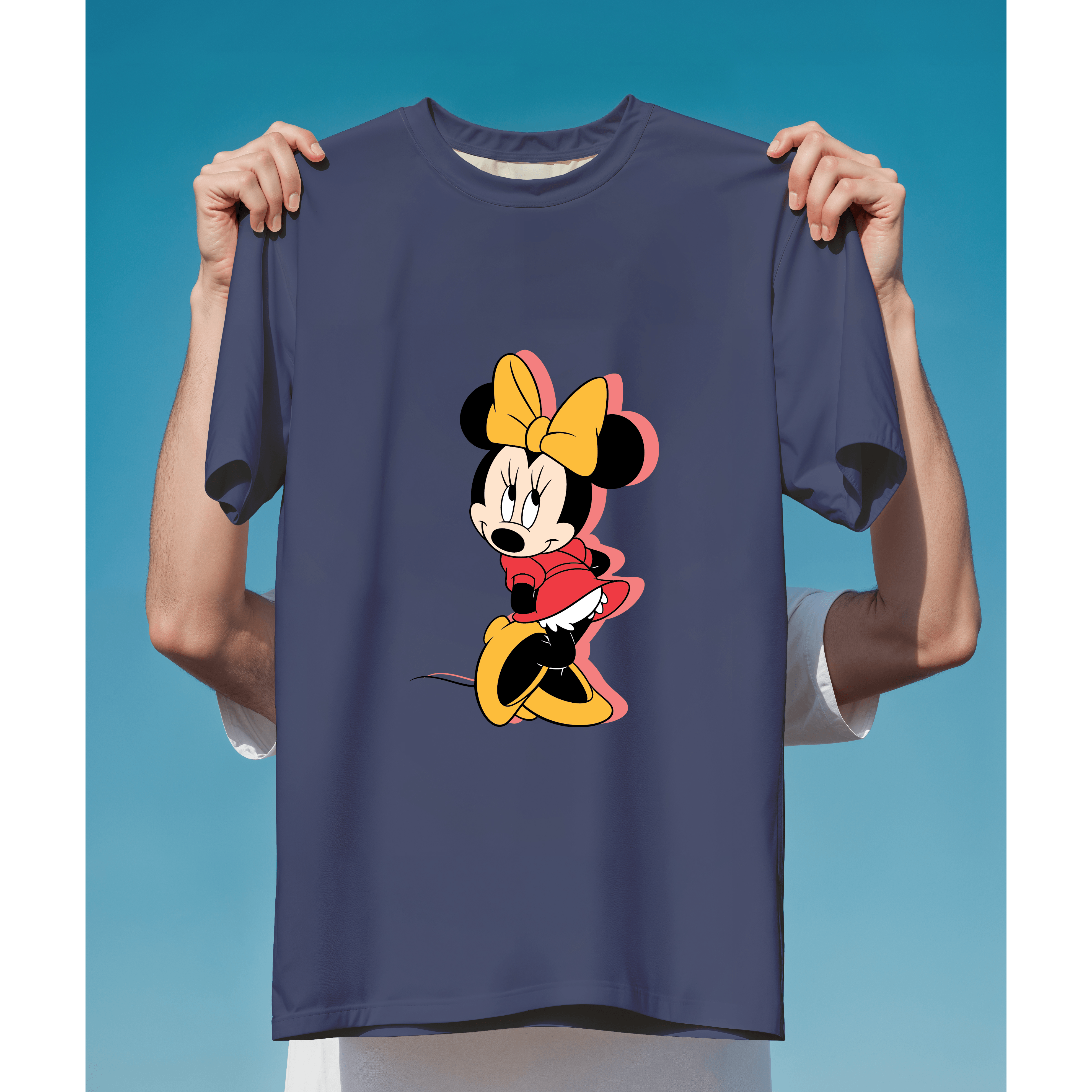 Minnie Mouse hoạt hình dễ thương với nơ vàng và váy đỏ