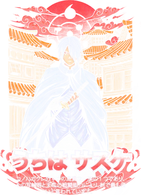 Hình vẽ Sasuke Uchiha trong trang phục đen, cầm kiếm, với kiến trúc Nhật Bản và mặt trời đỏ phía sau.