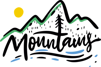 Hình vẽ minh họa núi non, cây thông, mặt trời và chữ 'Mountains' phong cách doodle.