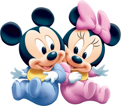 Hình ảnh hoạt hình cặp đôi chuột Mickey và Minnie bé mặc đồ xanh hồng, ngồi cạnh nhau trên nền xám.