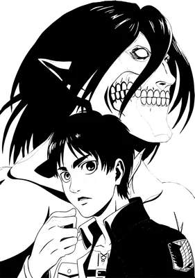 Hình vẽ Eren Yeager và Titan Hắc Ám, hai nhân vật từ anime Attack on Titan, trên nền xám.