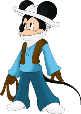 Hình ảnh Mickey Mouse trong trang phục cao bồi, đội mũ trắng, áo xanh, vest nâu, cầm dây thòng lọng.