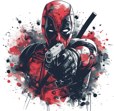 Hình ảnh Deadpool trong trang phục đỏ đen, cầm súng chĩa thẳng về phía trước, với hiệu ứng màu nước và vết mực bắn tung tóe.