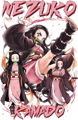 Ba phiên bản của nhân vật Nezuko Kamado từ anime, với các tư thế và kích cỡ khác nhau, trên nền xám.