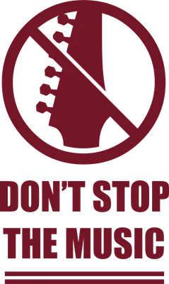 Biểu tượng cấm đàn guitar màu đỏ trên nền xám, kèm dòng chữ "DON'T STOP THE MUSIC"