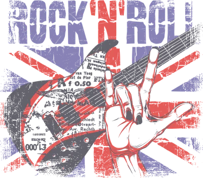 Thiết kế hình in Rock N Roll với đàn guitar, bàn tay ký hiệu rock và cờ Anh phong cách vintage