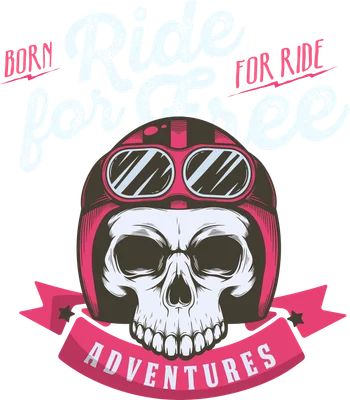 Hình minh họa đầu lâu đội mũ bảo hiểm và kính phi công màu hồng, với dòng chữ 'Ride for Free Adventures' trên nền xám.