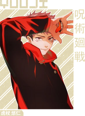 Hình vẽ anime Yuji Itadori từ Jujutsu Kaisen, mặc áo hoodie đỏ đen, biểu cảm tự tin.