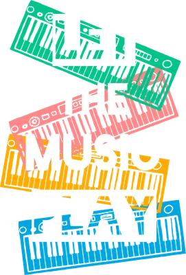 Hình ảnh đồ họa chữ 'Let The Music Play' màu trắng trên nền các đàn keyboard điện tử màu xanh lá, hồng, vàng, xanh dương.