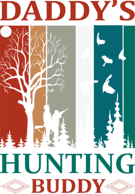 Hình in silhouette hai thợ săn và chim bay trên nền sọc màu retro, với chữ 'Daddy's Hunting Buddy'.