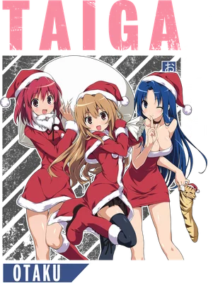 Ba nhân vật nữ anime mặc trang phục ông già Noel, một người đang giữ túi quà lớn, hai người còn lại có biểu cảm tinh nghịch.