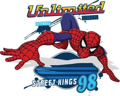 Hình ảnh Spider-Man đang trong tư thế hành động, mặc trang phục đỏ xanh đặc trưng, có chữ "Unlimited Streets" và "Street Kings 98".