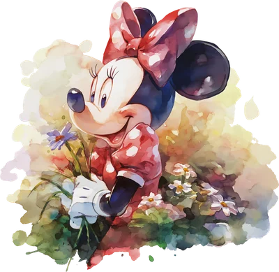 Hình ảnh Minnie Mouse hoạt hình dễ thương phong cách màu nước, đang ôm bó hoa nhỏ với nụ cười tươi tắn, nền loang màu nghệ thuật.