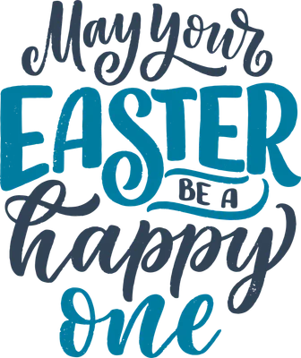 Hình ảnh chữ viết tay trang trí với lời chúc 'May your Easter be a happy one' bằng hai tông màu xanh và xám trên nền xám.
