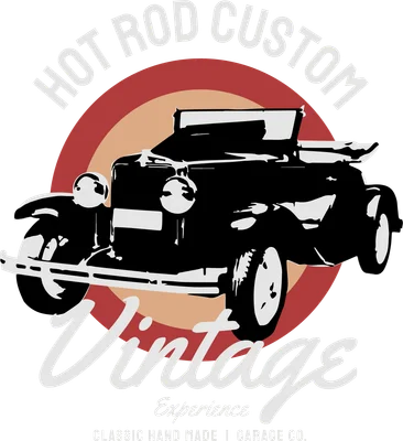 Hình in xe ô tô cổ điển Hot Rod Custom màu đen trắng trên nền vòng tròn đỏ cam, chữ Vintage