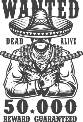 Hình ảnh poster truy nã Wanted với cao bồi đội mũ sombrero cầm súng phong cách retro