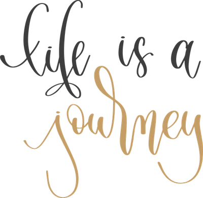Dòng chữ "Life is a journey" viết tay màu xám và vàng trên nền xám