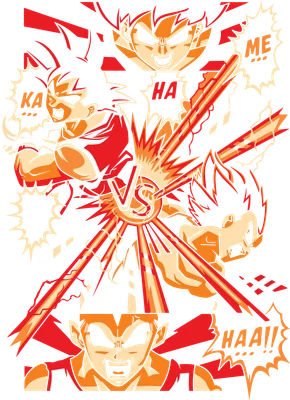 Hình ảnh minh họa Goku và Vegeta trong Dragon Ball Z đang chiến đấu, với các hiệu ứng năng lượng và lời thoại.