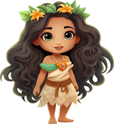Hình minh họa công chúa Moana phiên bản chibi đáng yêu, tóc xoăn đen, đội vòng hoa vàng và lá xanh, mặc trang phục thổ dân.