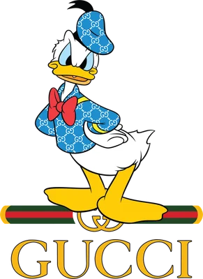 Hình ảnh Vịt Donald mặc đồ in họa tiết Gucci, đội mũ, đeo nơ đỏ, đứng trên logo Gucci.