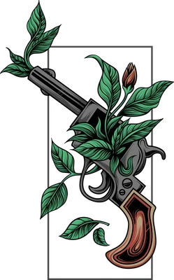 Hình minh họa súng lục revolver màu xám được quấn quanh bởi những chiếc lá xanh tươi và một nụ hoa, trên nền xám.