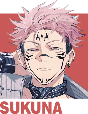 Hình ảnh nhân vật Sukuna từ anime Jujutsu Kaisen với mái tóc hồng, hình xăm trên mặt và biểu cảm lạnh lùng.