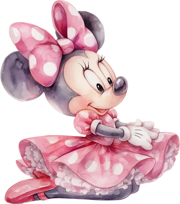 Hình minh họa Minnie Mouse đáng yêu trong váy hồng chấm bi và nơ cùng màu, vẽ theo phong cách màu nước.