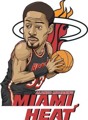 Hình vẽ biếm họa cầu thủ bóng rổ Alonzo Mourning của đội Miami Heat đang cầm bóng.