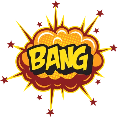 Hình ảnh hiệu ứng "BANG" màu vàng nổi bật trên nền đỏ cam, phong cách truyện tranh pop art.