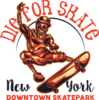 Hình ảnh bộ xương đội mũ, trượt ván với dòng chữ 'Die For Skate New York Downtown Skatepark'