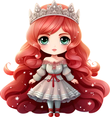 Hình vẽ công chúa chibi tóc đỏ dài, mắt xanh ngọc, đội vương miện bạc, mặc váy trắng bồng bềnh, phong cách hoạt hình dễ thương.
